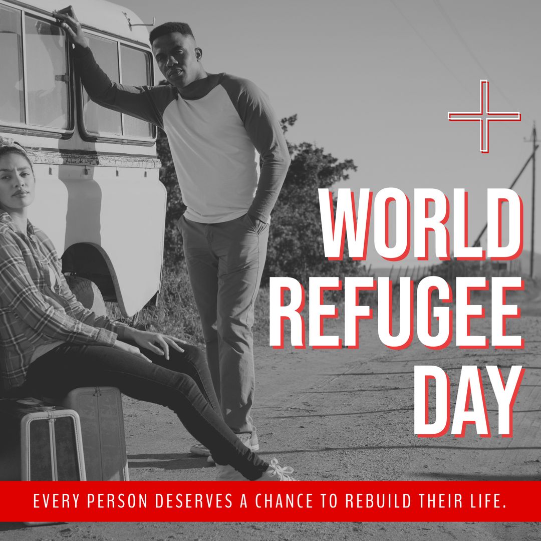 Diverse Couple with Luggage Next to Camper for World Refugee Day