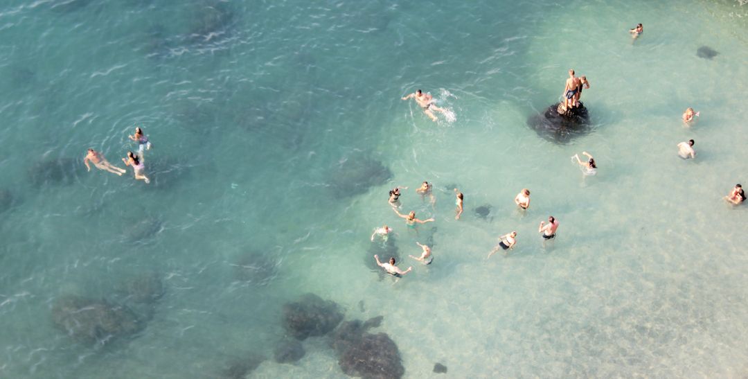 Aerial View of People Swimming in Clear Blue Ocean Waters - Free Images, Stock Photos and Pictures on Pikwizard.com