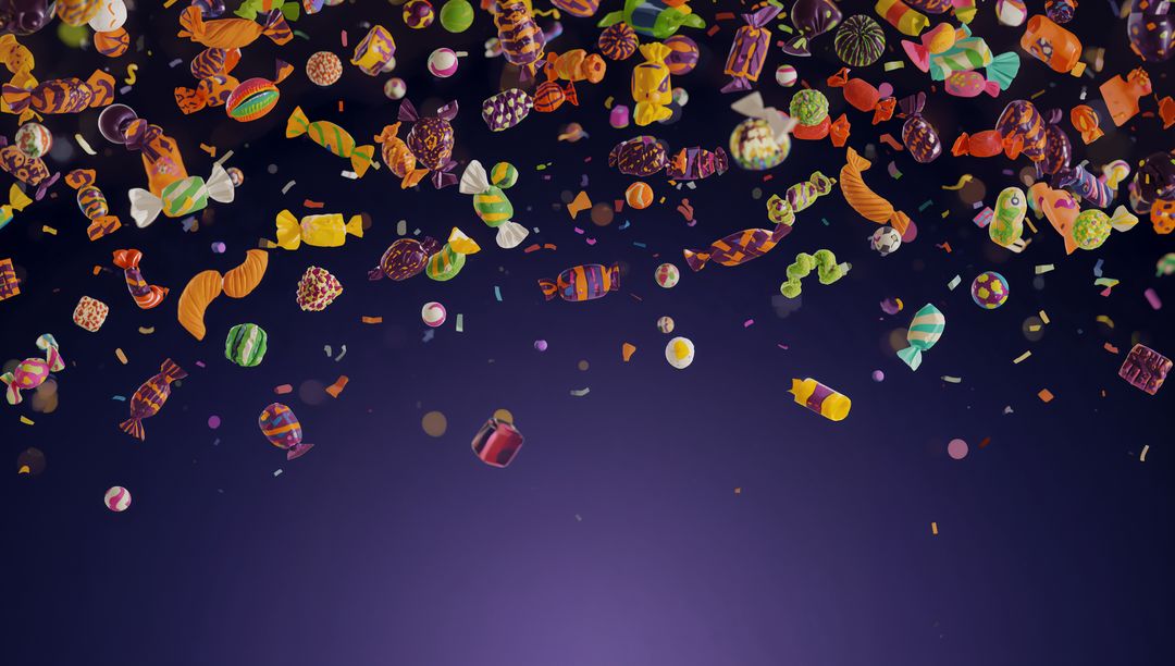 Vibrant Assorted Candies Mid-Air Against Purple Background