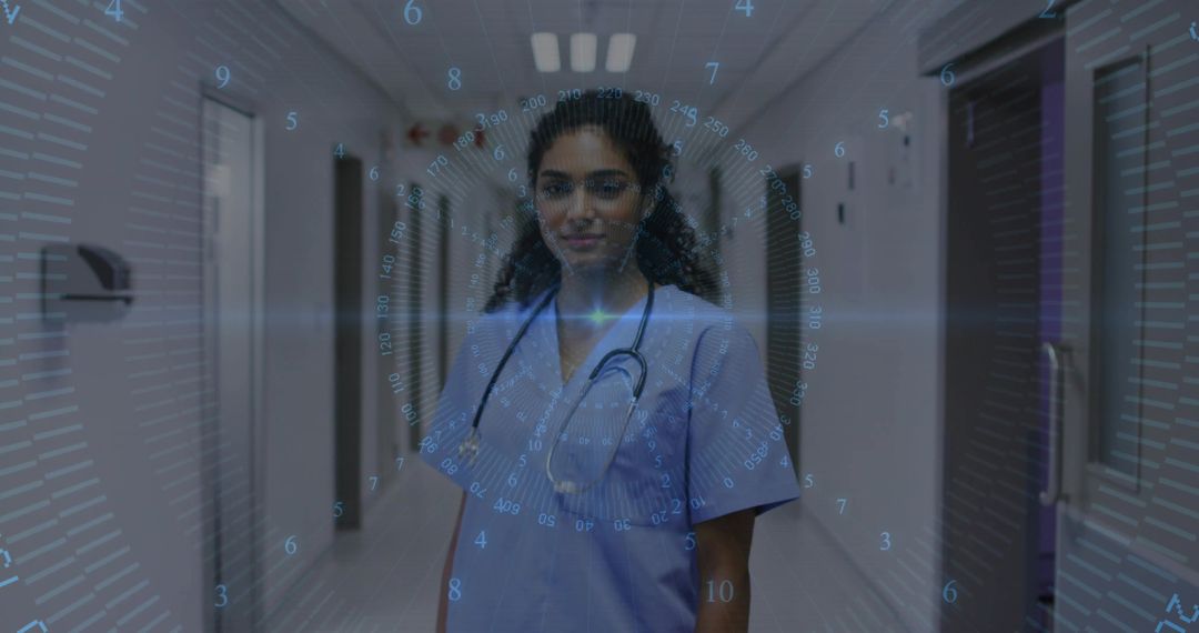Nurse in Corridor with Futuristic Digital Interface Overlay