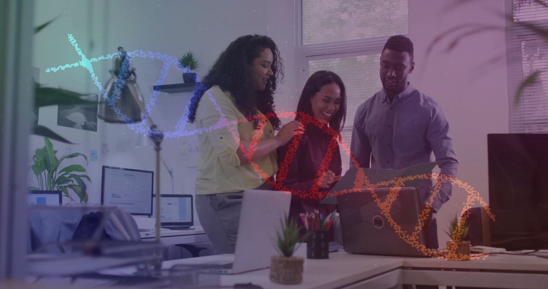 Diverse Team Working on Innovative Ideas with DNA Overlay in Office