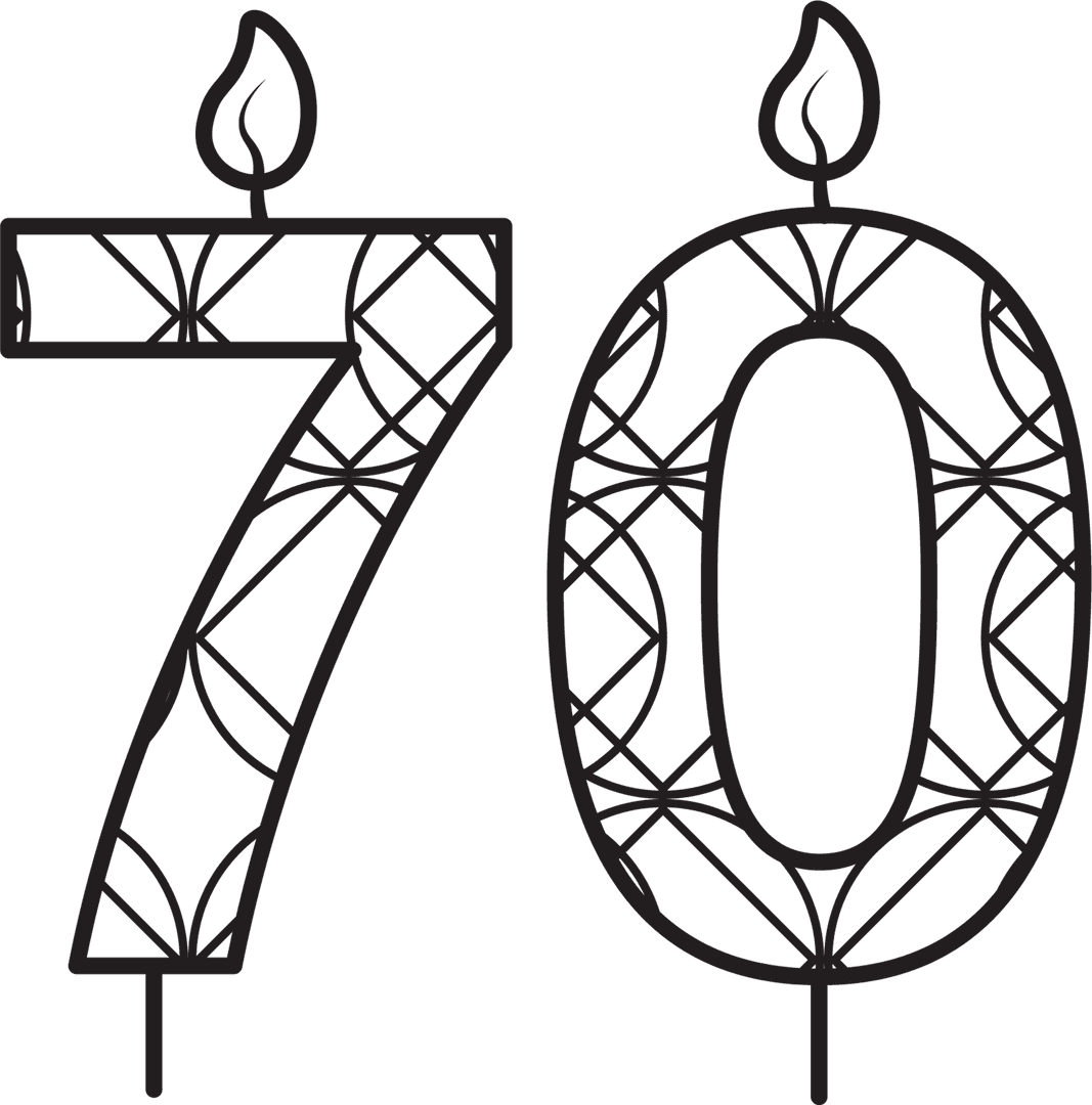 Black 70 Birthday Candle with Elegant Pattern on Transparent Background