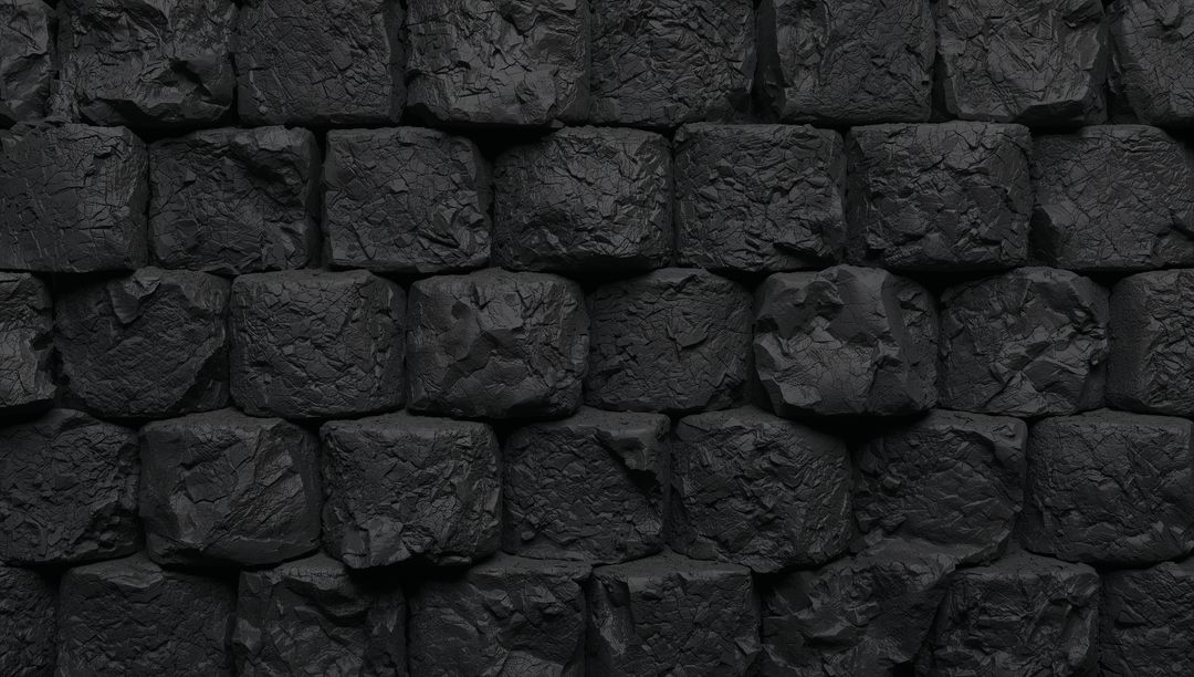 Moody Charcoal Briquette Wall Stacking, Deep Cracked Black Block Texture Background
