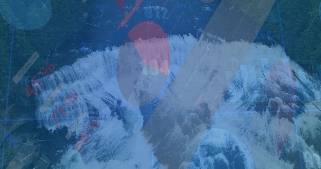 Abstract Waterfall with Digital Data Overlay in Forest Setting