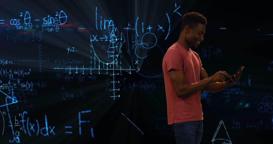 Man Engaged with Technology Amidst Floating Mathematical Formulas