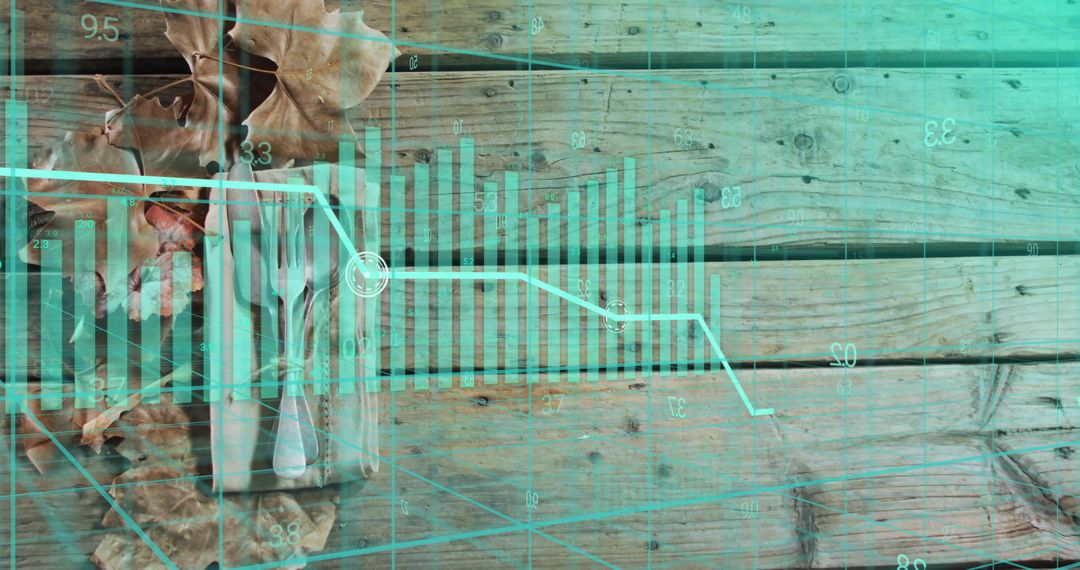 Teal Data Overlaying Rustic Wooden Tabletop with Bar Chart and Line Graph Visualization