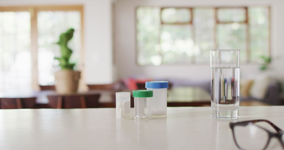 Medication Containers with Glass of Water on Kitchen Counter - Free Images, Stock Photos and Pictures on Pikwizard.com