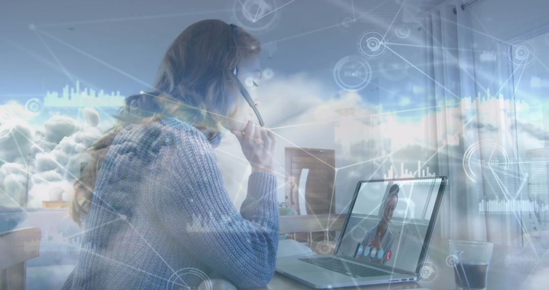 Woman Using Laptop with Digital Cloud Network Connections