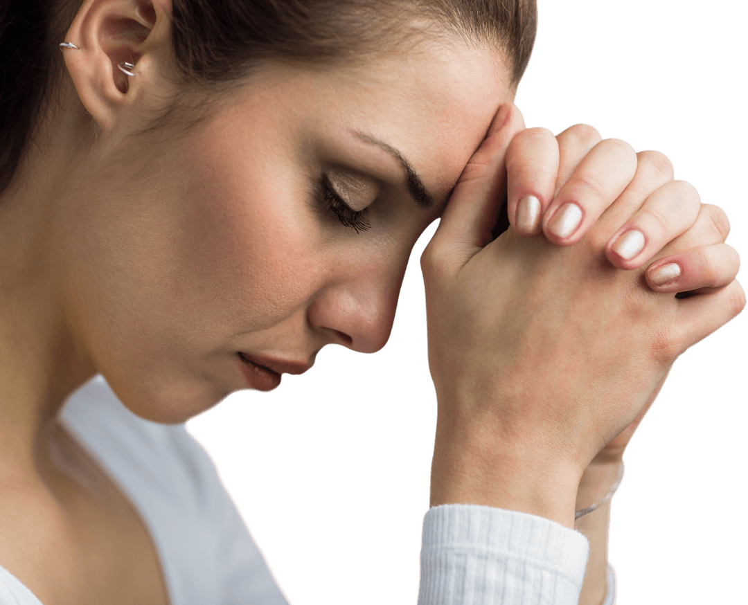 Cathartic Transparent Prayer Moment with Eyes Closed and Hands Intertwined