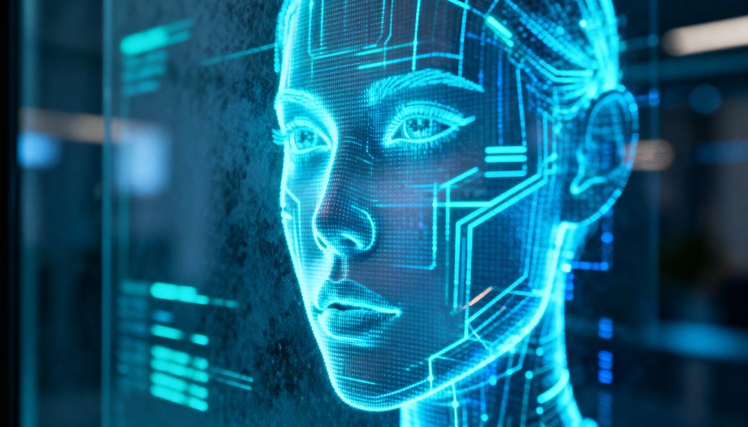 Cyan Holographic Avatar Wireframe Displaying Cybernetic Facial Interface and Digital UI