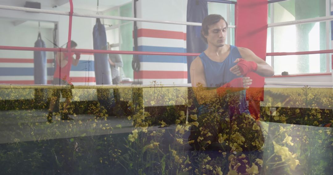 Boxer Wrapping Hands with Motivation Over Floral Fusion