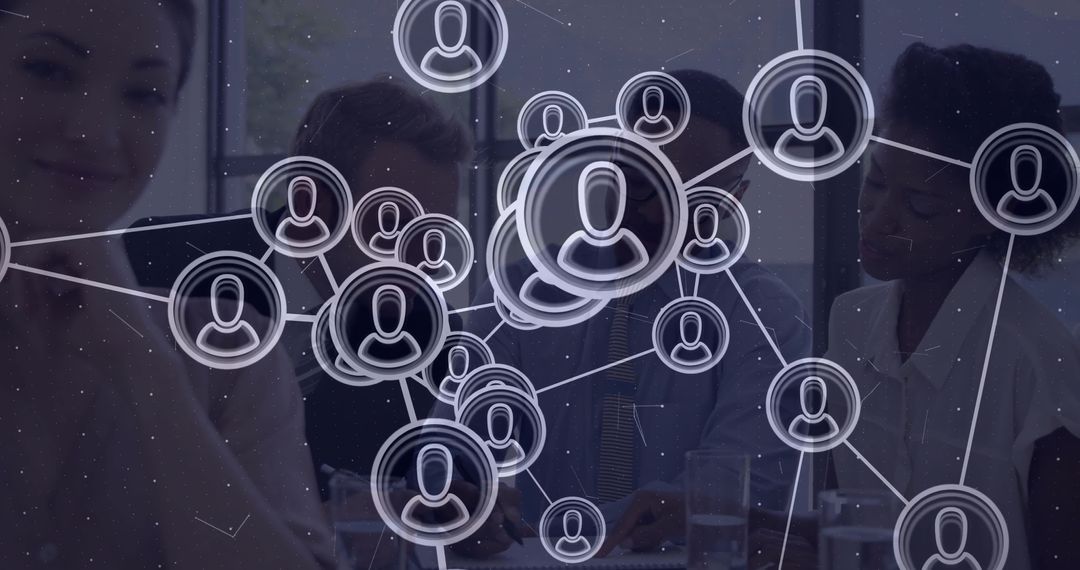Networking Icons Overlaid on Professional Team Meeting Scene