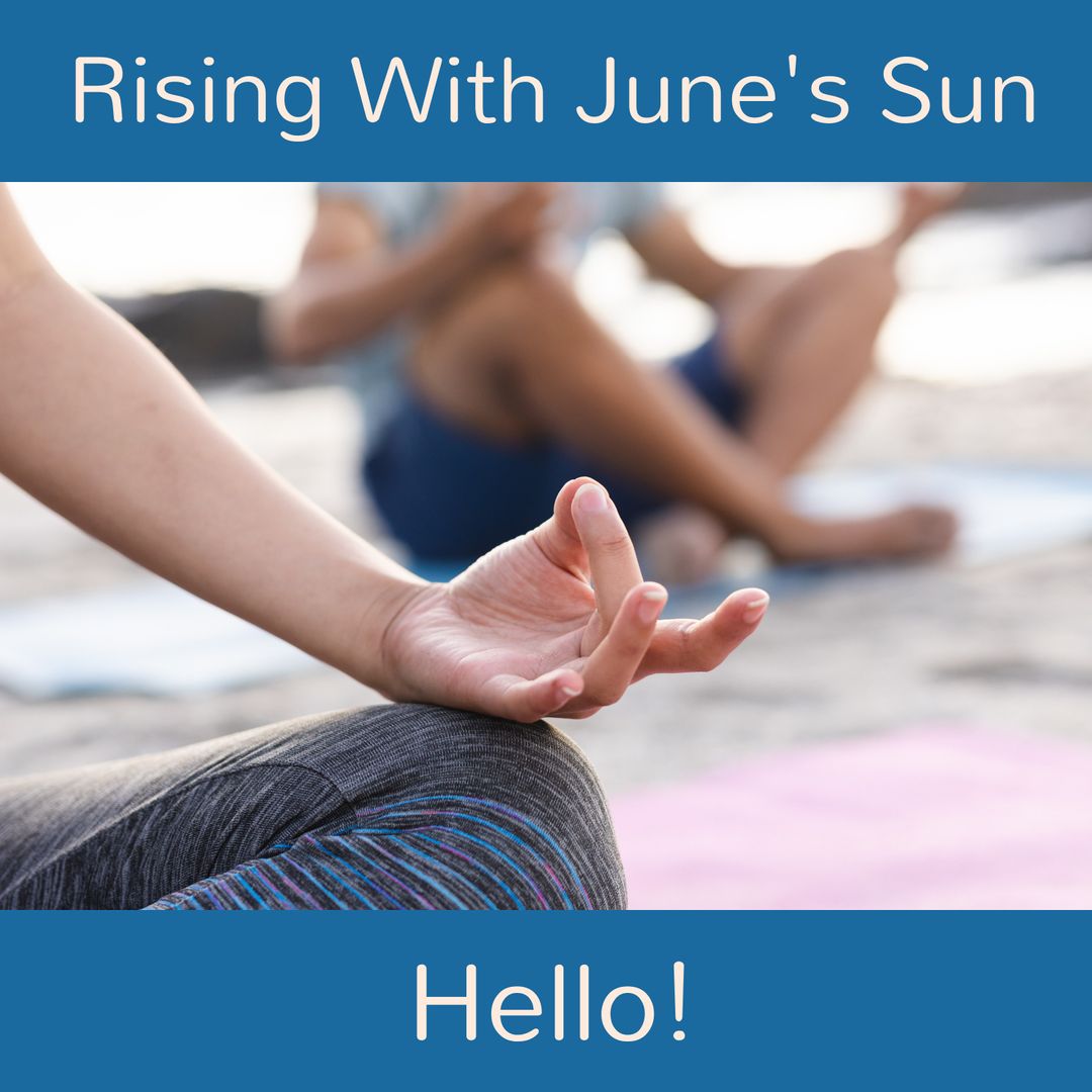 Yoga Practice on Beach During Sunrise With Greeting Text