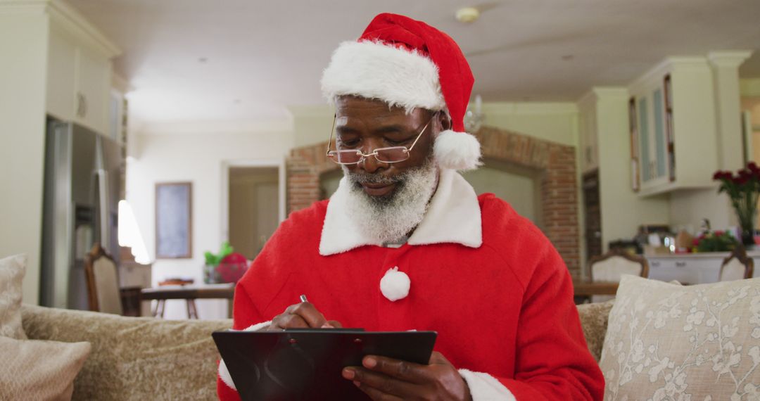 Santa Claus Writing a List on Digital Tablet in Living Room - Free Images, Stock Photos and Pictures on Pikwizard.com