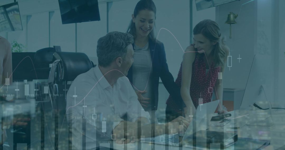 Team Meeting with Digital Financial Analytics Overlay in Modern Office