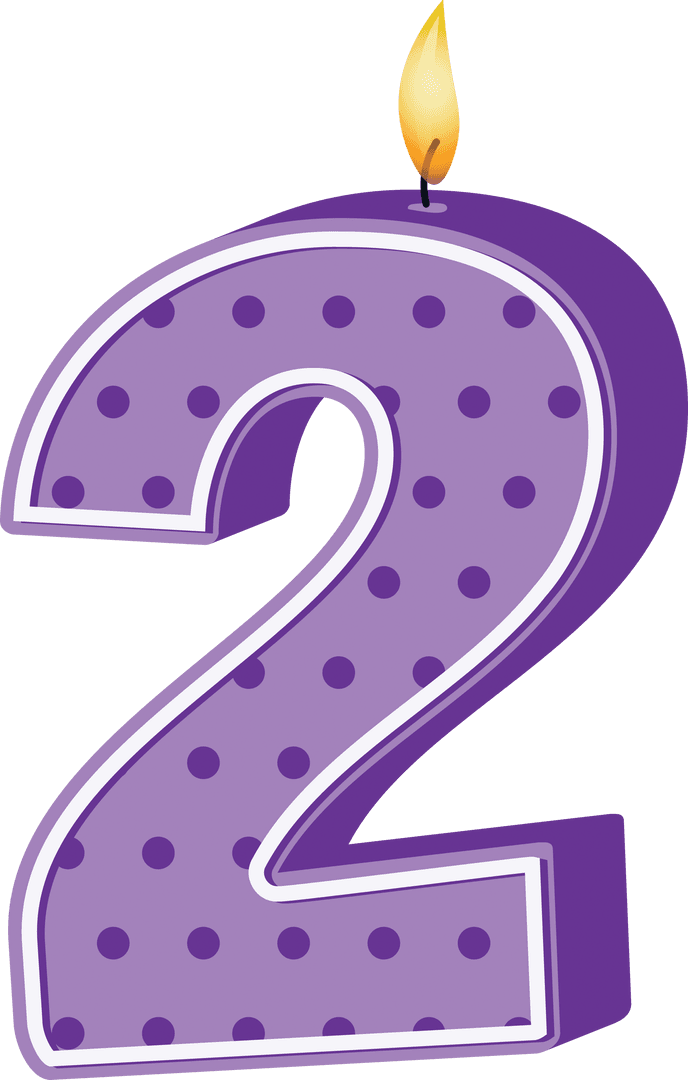 Purple Number Two Birthday Candle with Dots on Transparent Background