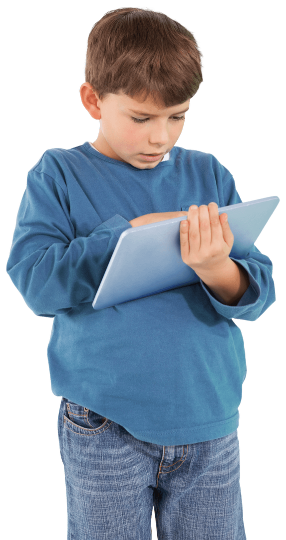 Caucasian Boy Engaged with Digital Tablet on Transparent Background