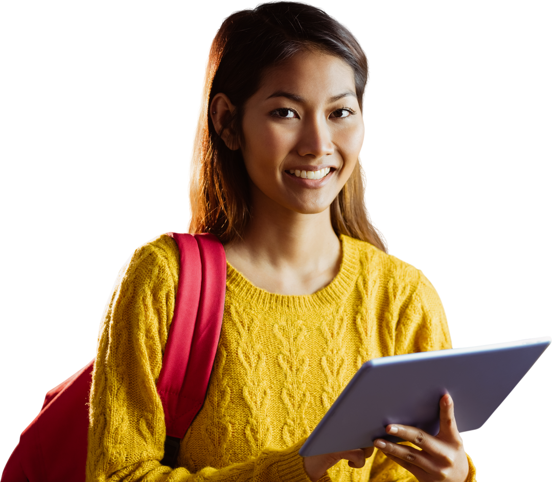 Smiling Asian Female Student Using Tablet Isolated Transparent Background - Download Free Stock Images Pikwizard.com