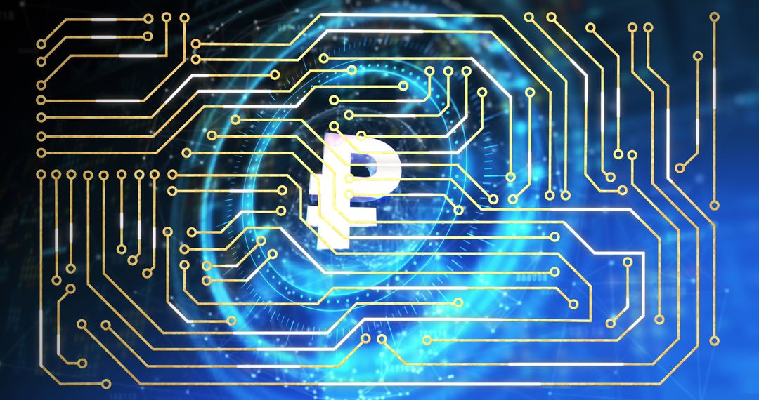 Digital Circuit Overlay on Rouble Symbol for Modern Finance Concepts
