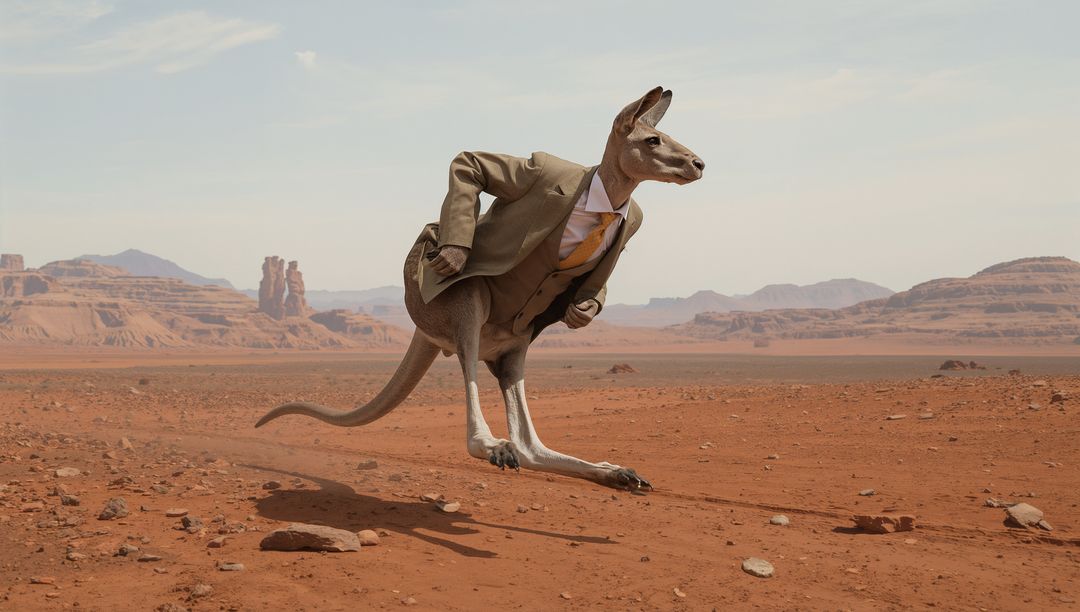 Kangaroo in tan three-piece suit hopping across red desert plain with dust and buttes
