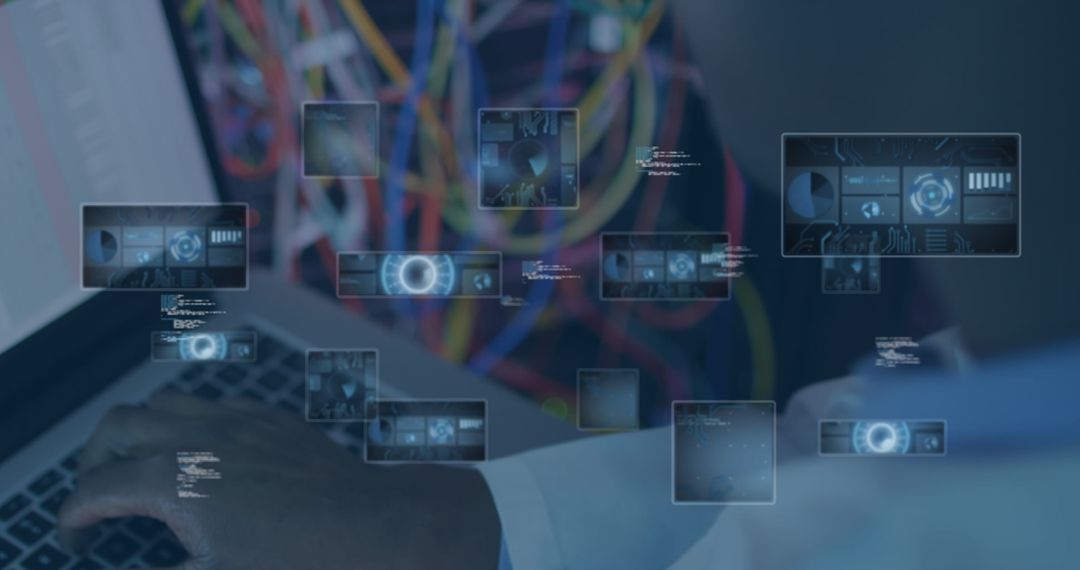 Hands of Programmer Typing on Laptop with Data Holograms