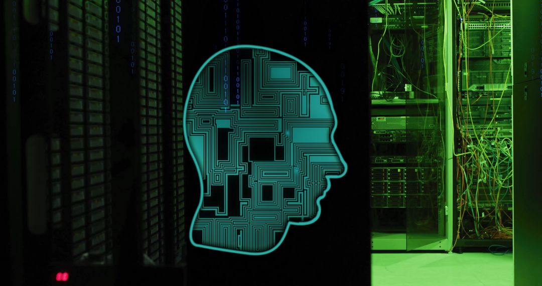 AI Technology with Digital Circuit Silhouette in Server Room