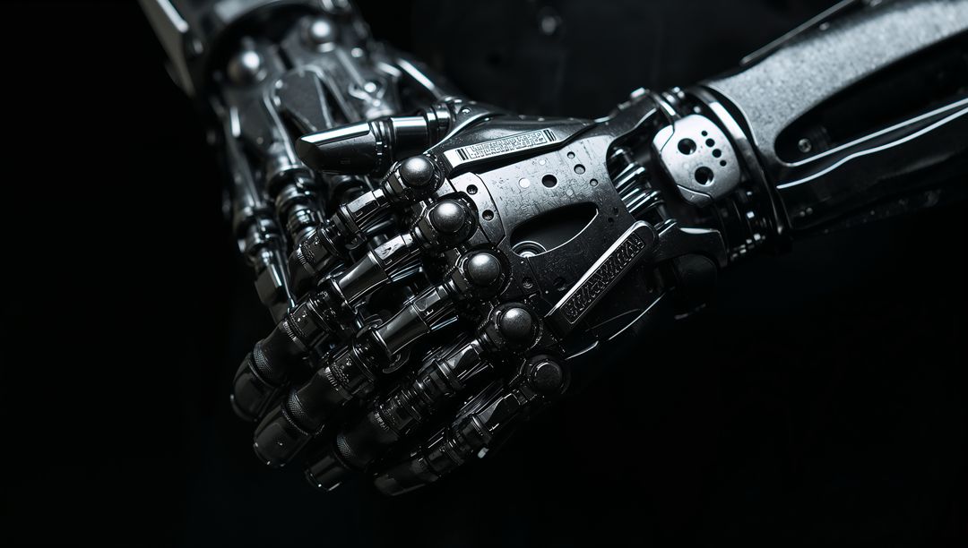 Clasping chrome robotic hands with pistons, knuckles and hi-tech joints in dark studio