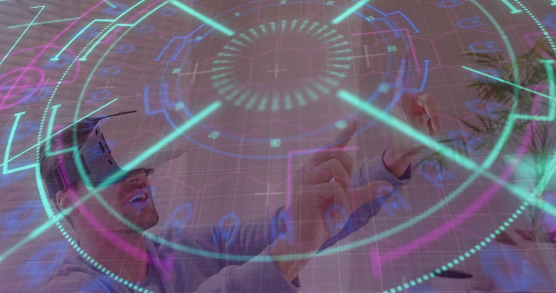 Man Engaging with Futuristic Interface through VR Technology at Home