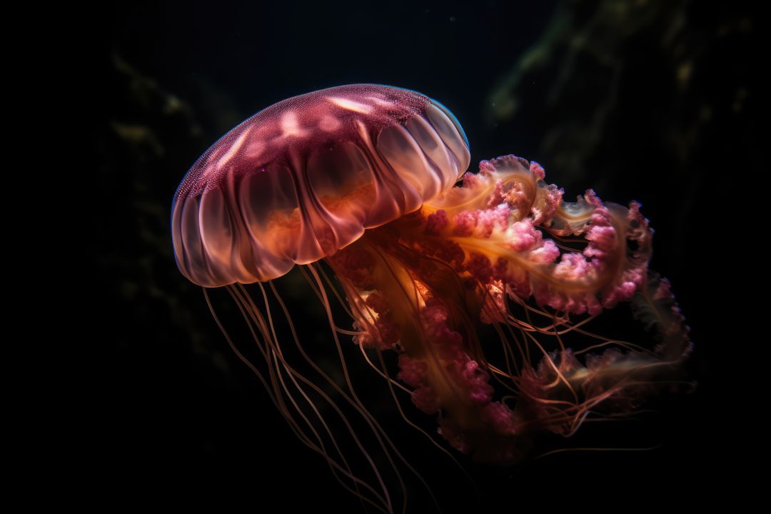 Close up of pink glowing jellyfish underwater, created using generative ai technology - Free Images, Stock Photos and Pictures on Pikwizard.com