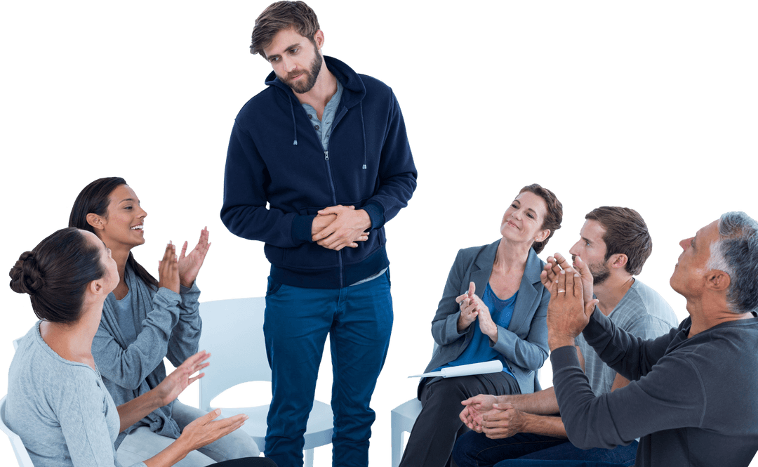 Transparent Support Group Applauding Man in Therapy Session