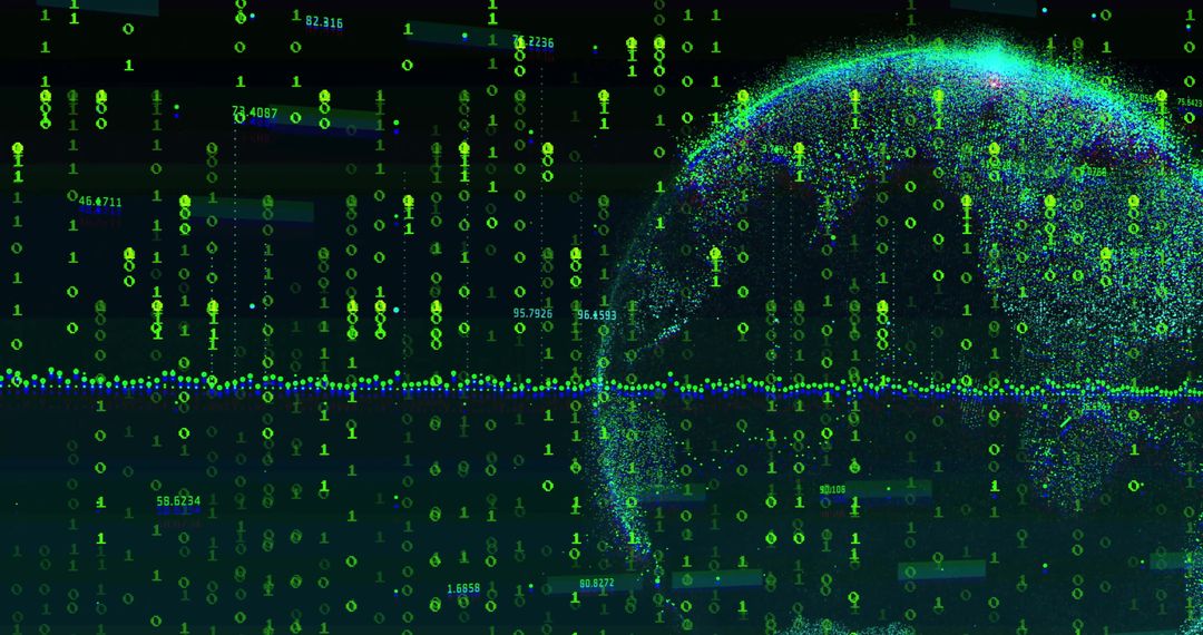 Globe Emerging in Digital Binary Code with Blue Light Band