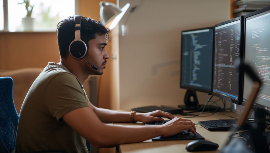 Dedicated Programmer Working Home Office Multiple Monitors