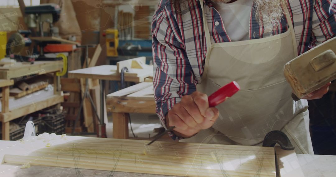 Artisanal Woodworker Carving Wooden Plank in Rustic Workshop