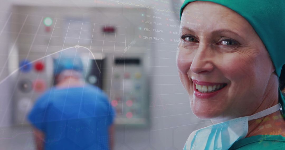 Smiling Surgeon Overlaid with Stock Market Data Visualizations