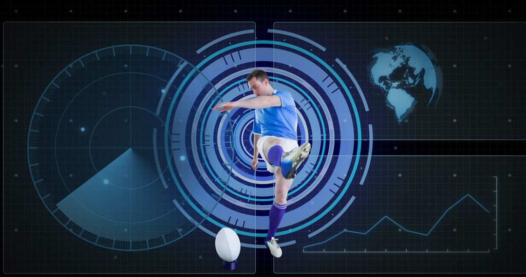 Rugby Player Kicking Ball With Virtual Analytics Overlay
