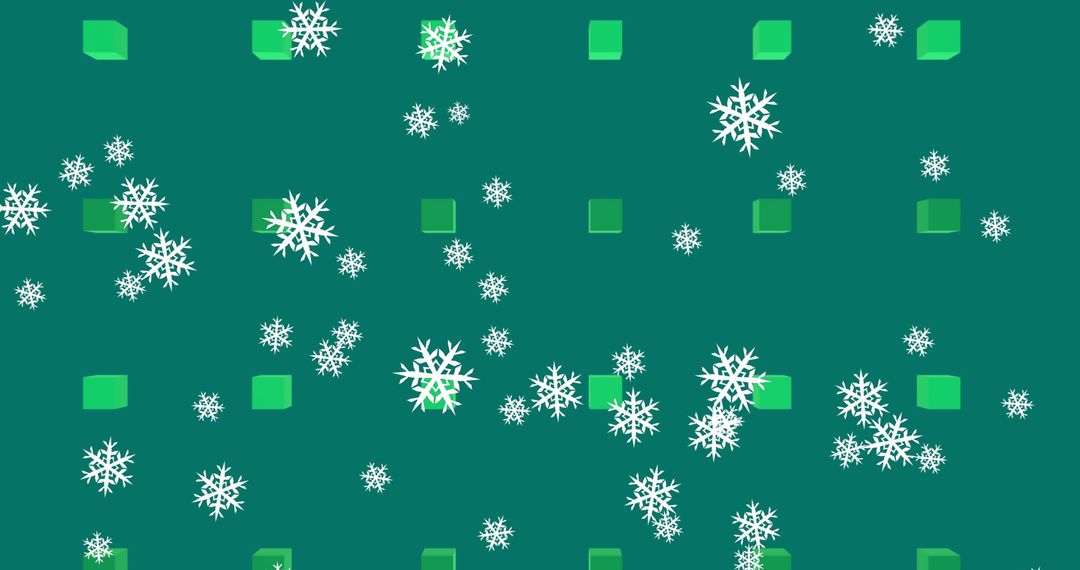 Snowflakes and Green Squares on Festive Green Background