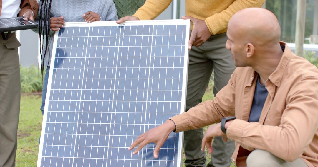 Community Group Holding and Examining Solar Panel Next to Greenhouse During Training