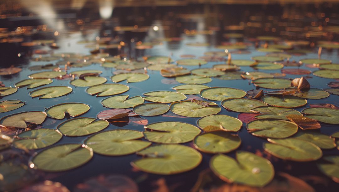 Serene Lily Pads Floating on Golden Reflection Pond