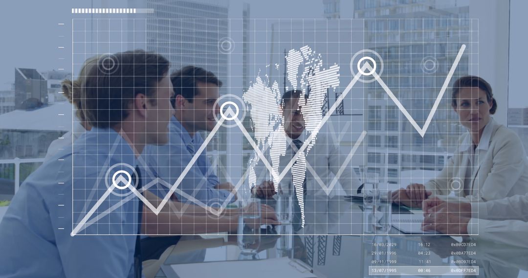 Business Team Analyzing Global Data Trends in Modern Office