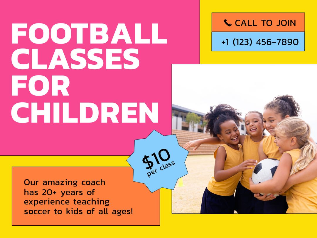 Football Classes for Children Banner with Contact Details and Diverse Kids Holding Ball - Download Free Stock Templates Pikwizard.com