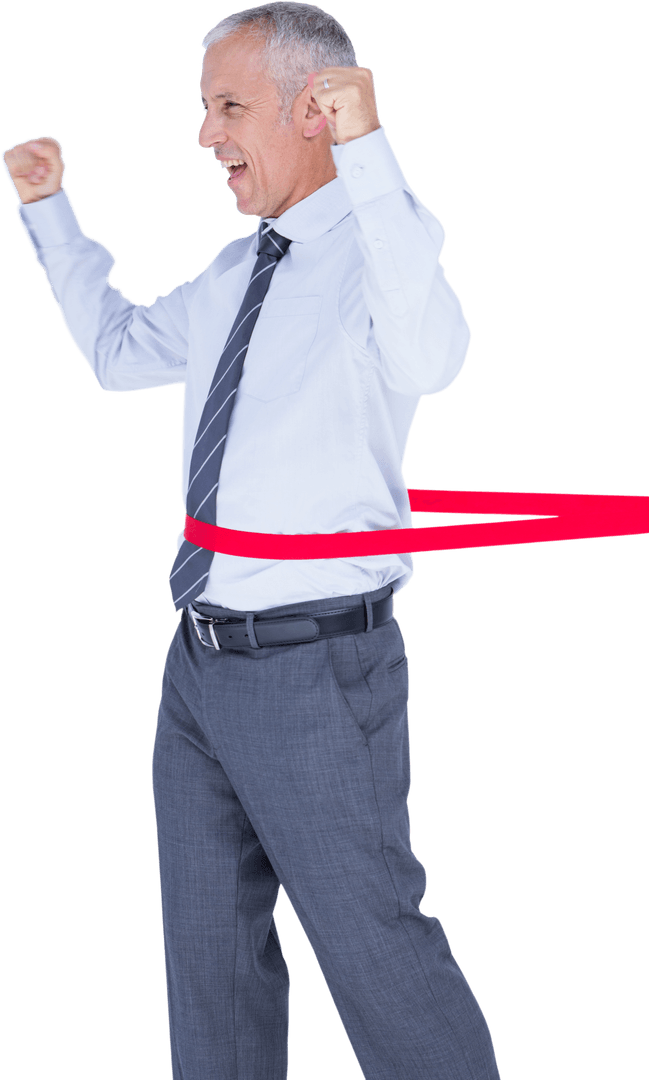 Transparent Businessman Winning Race with Cheering Gesture