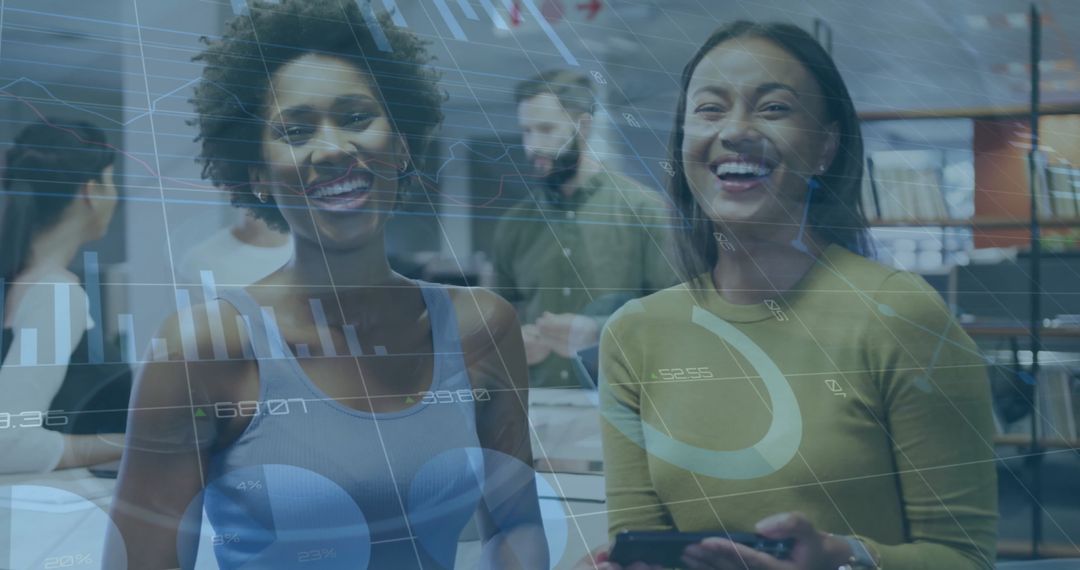 Smiling Professionals Overlaid with Financial Graphs in Modern Office