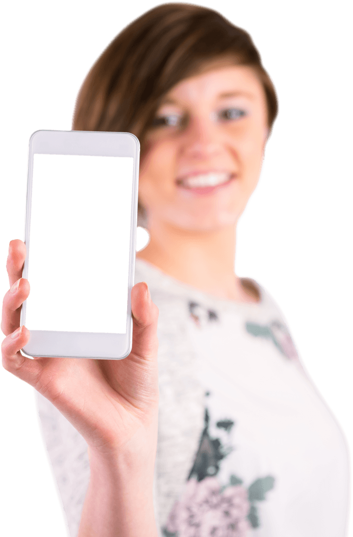 Transparent Screen of Smartphone Held by Smiling Woman