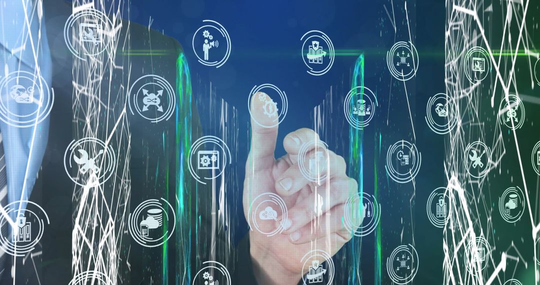 Hand Engaging with Data Interface and Business Icons