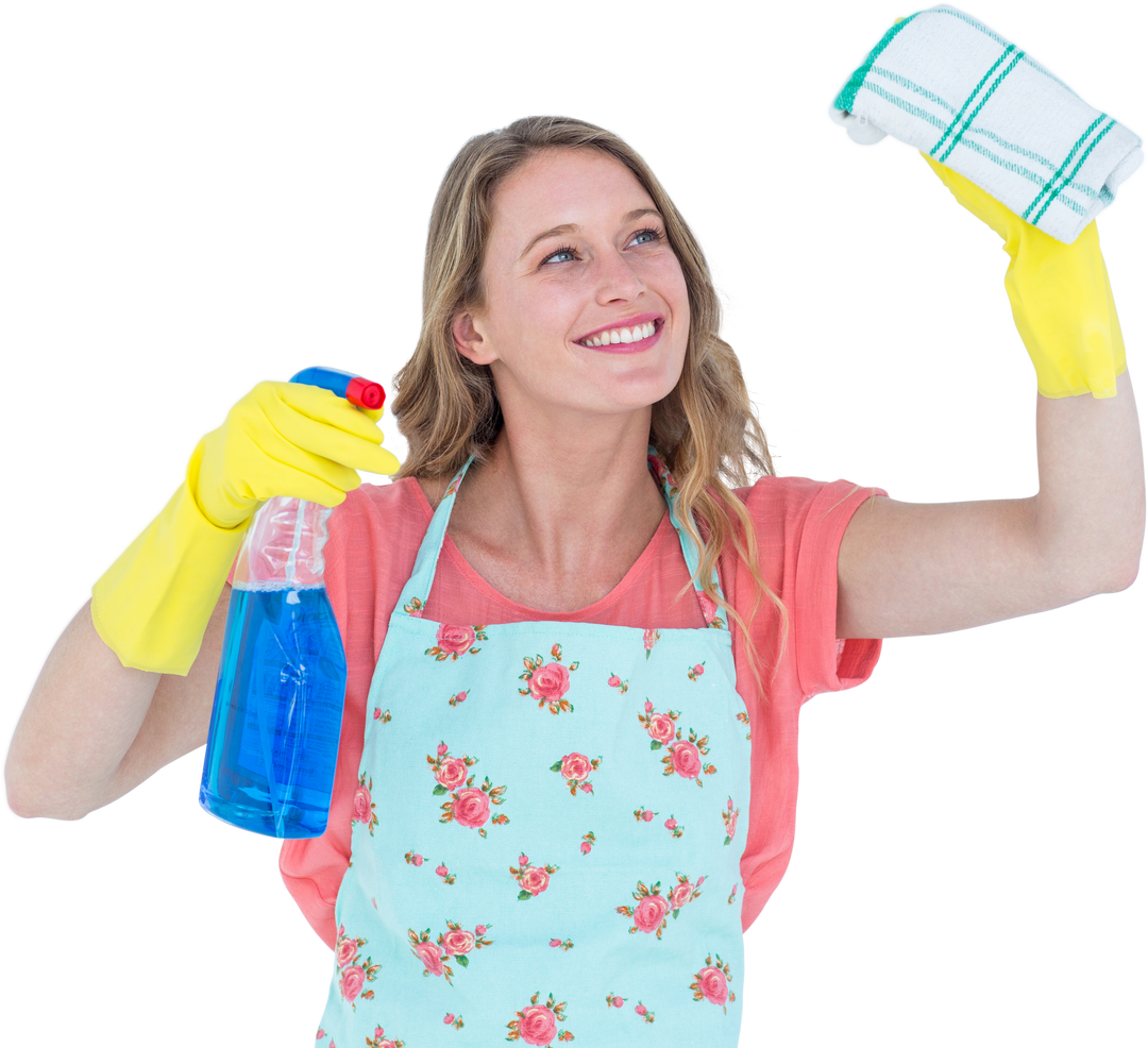 Smiling Woman Cleaning with Spray Bottle and Cloth Isolated Transparent Background - Download Free Stock Images Pikwizard.com