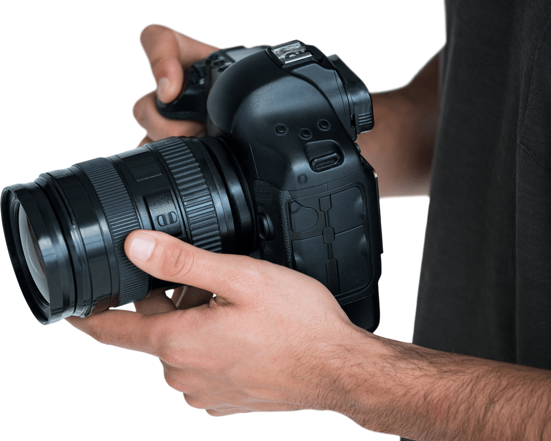 Male Hand Holding Professional Camera on Transparent Background