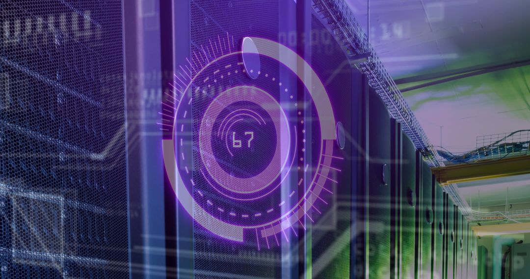 Digital Interface Illustrating Data Processing Over Server Room