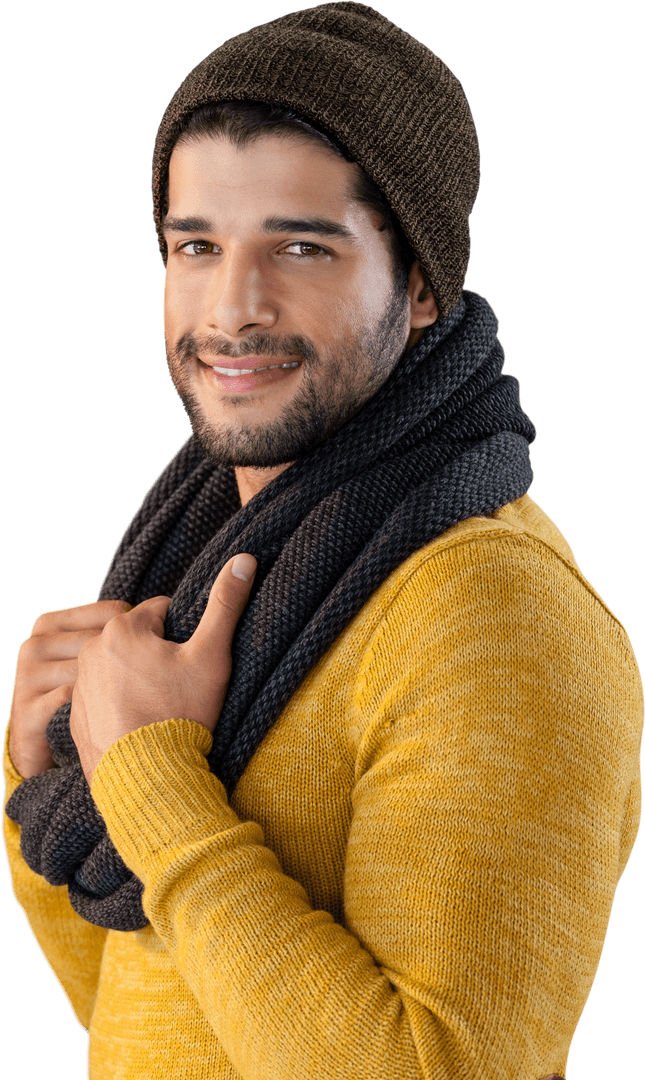 Smiling Man with Knitted Scarf on Transparent Background