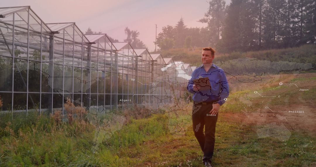 Agricultural Researcher in Field with World Map and Tablet Technology