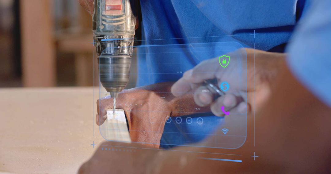 Mentor Guiding Apprentice Drilling Wood Block with Power Drill and AR Overlay for Training